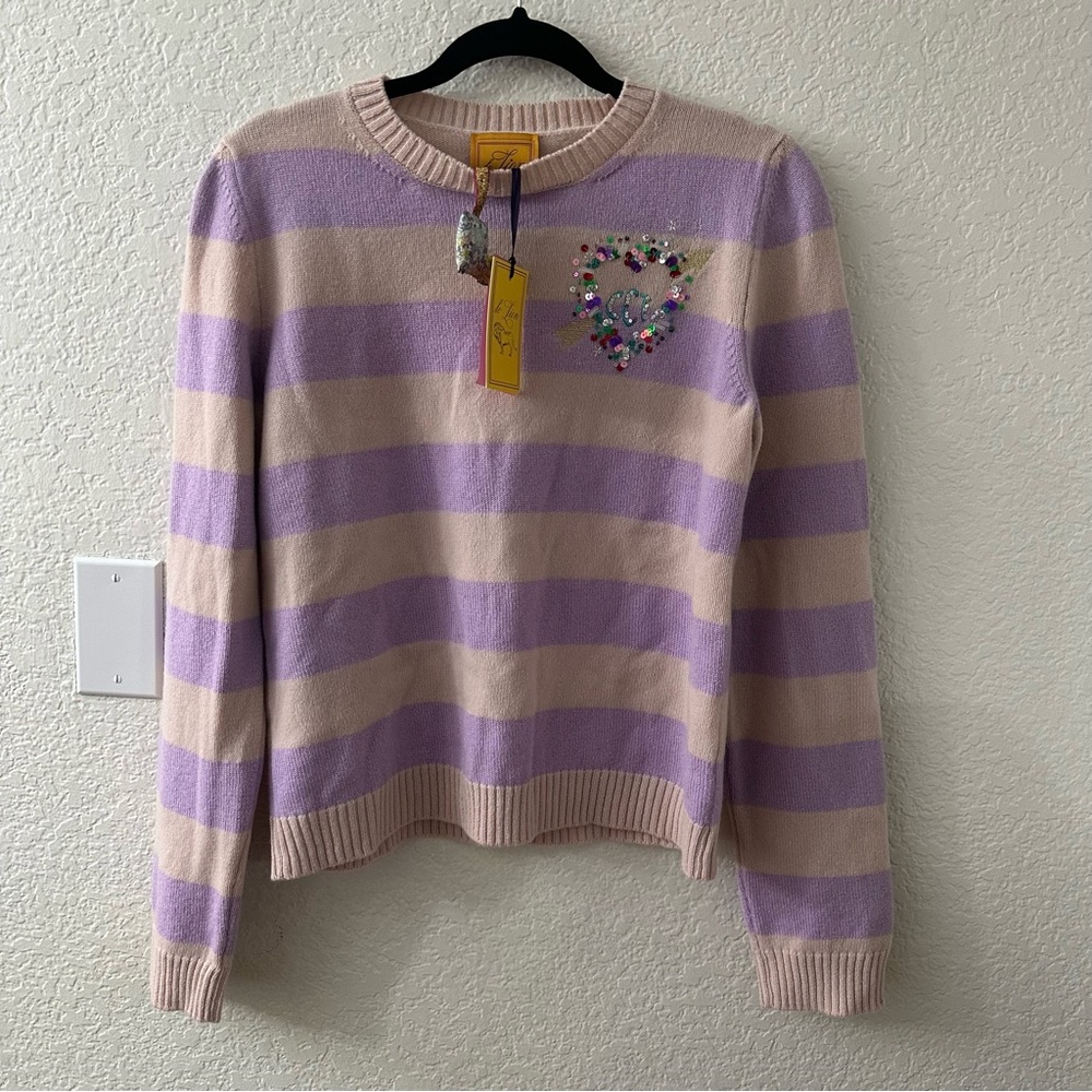 Le Lion Striped Sequin Heart with arrow pullover sweater